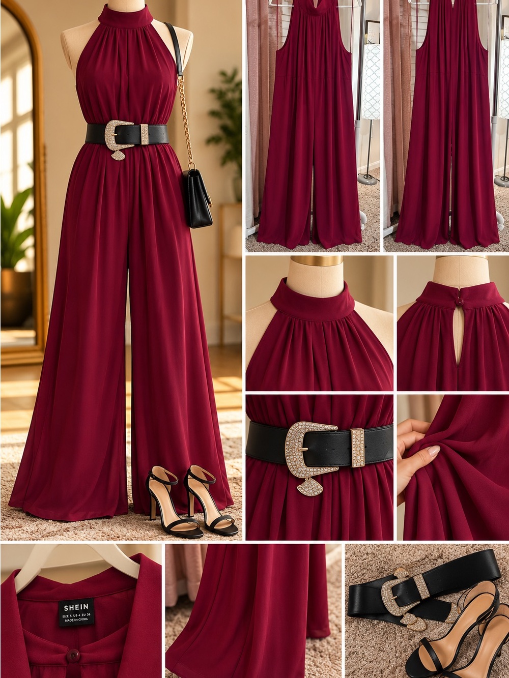 Women’s Burgundy Halter Wide-Leg Jumpsuit